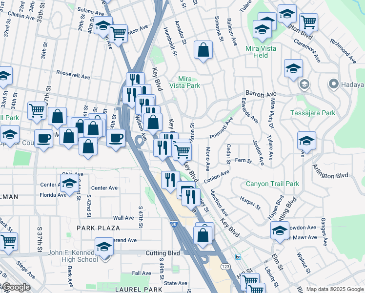 map of restaurants, bars, coffee shops, grocery stores, and more near 5120 Prather Avenue in Richmond