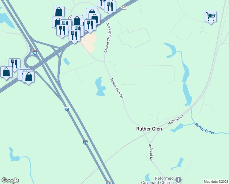 map of restaurants, bars, coffee shops, grocery stores, and more near 24206 Ruther Glen Road in Ruther Glen