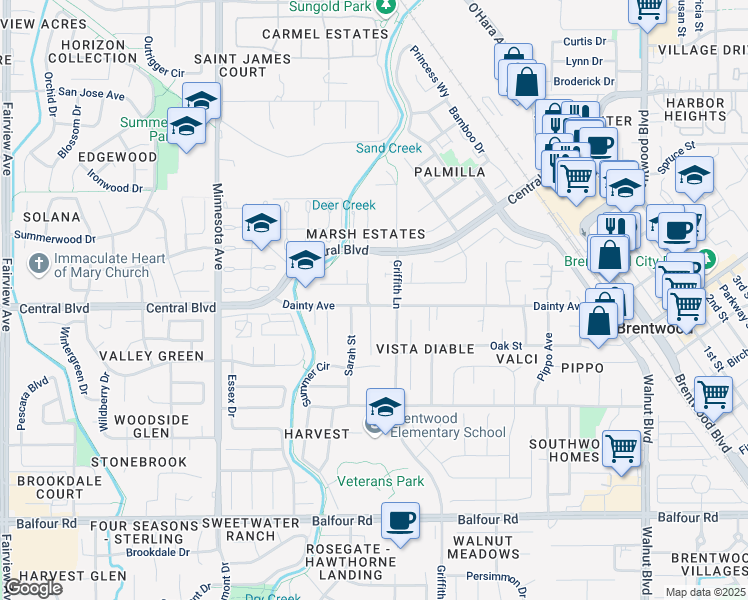 map of restaurants, bars, coffee shops, grocery stores, and more near 1181 Dainty Avenue in Brentwood