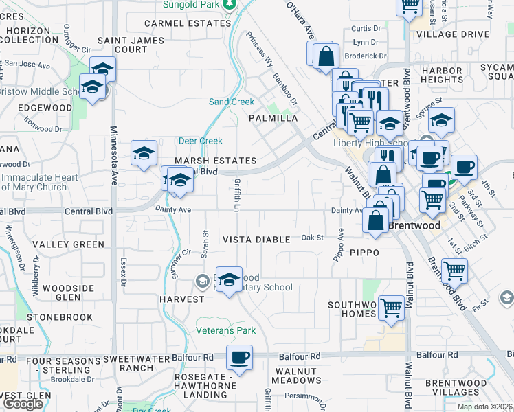 map of restaurants, bars, coffee shops, grocery stores, and more near 967 Dainty Avenue in Brentwood