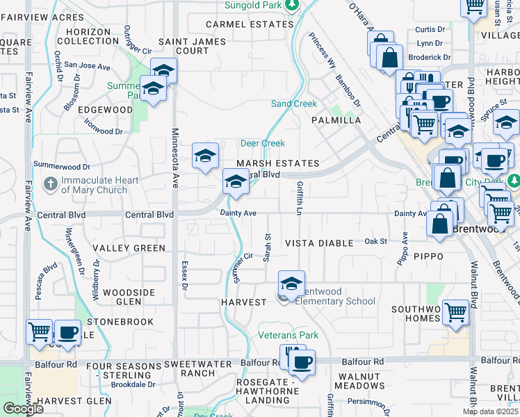 map of restaurants, bars, coffee shops, grocery stores, and more near 1227 Dainty Avenue in Brentwood