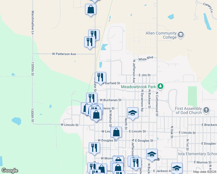 map of restaurants, bars, coffee shops, grocery stores, and more near 220 West Garfield Street in Iola