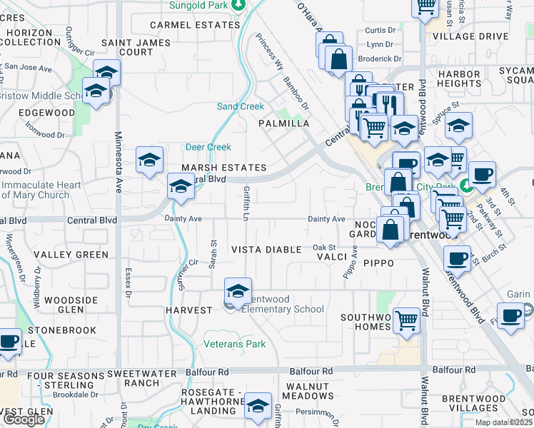 map of restaurants, bars, coffee shops, grocery stores, and more near 967 Dainty Avenue in Brentwood