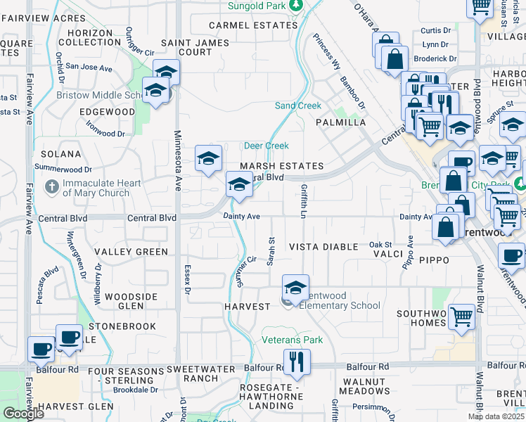 map of restaurants, bars, coffee shops, grocery stores, and more near 1227 Dainty Avenue in Brentwood