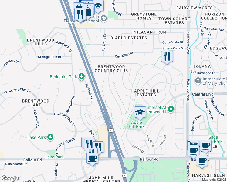 map of restaurants, bars, coffee shops, grocery stores, and more near 580 Central Park Place in Brentwood
