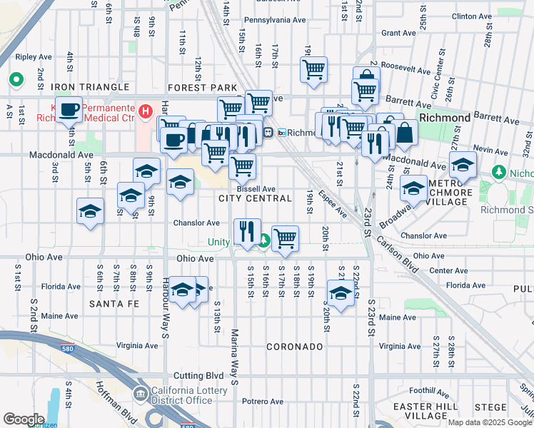 map of restaurants, bars, coffee shops, grocery stores, and more near 120 16th Street in Richmond