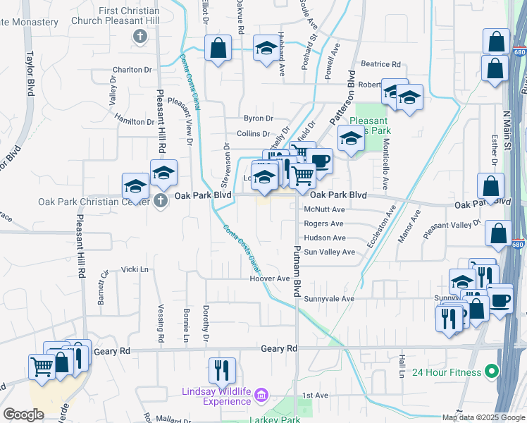 map of restaurants, bars, coffee shops, grocery stores, and more near 256 Douglas Lane in Pleasant Hill