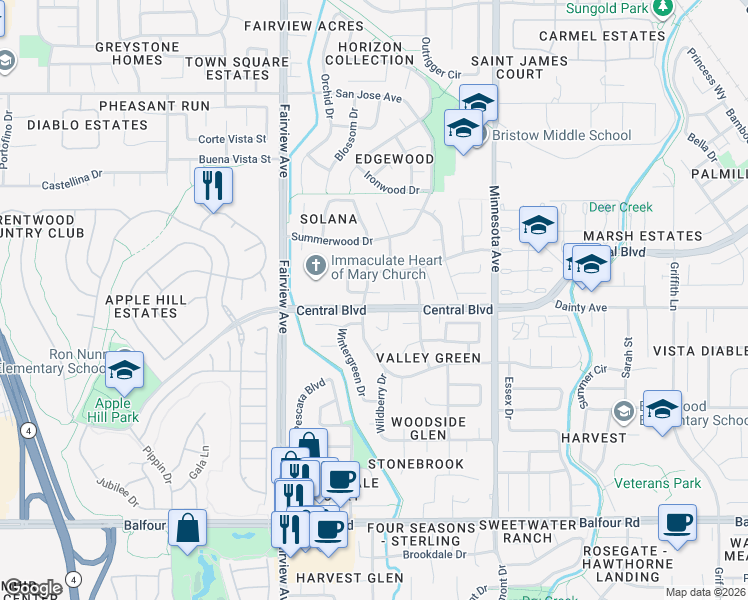 map of restaurants, bars, coffee shops, grocery stores, and more near 1313 Braemar Court in Brentwood