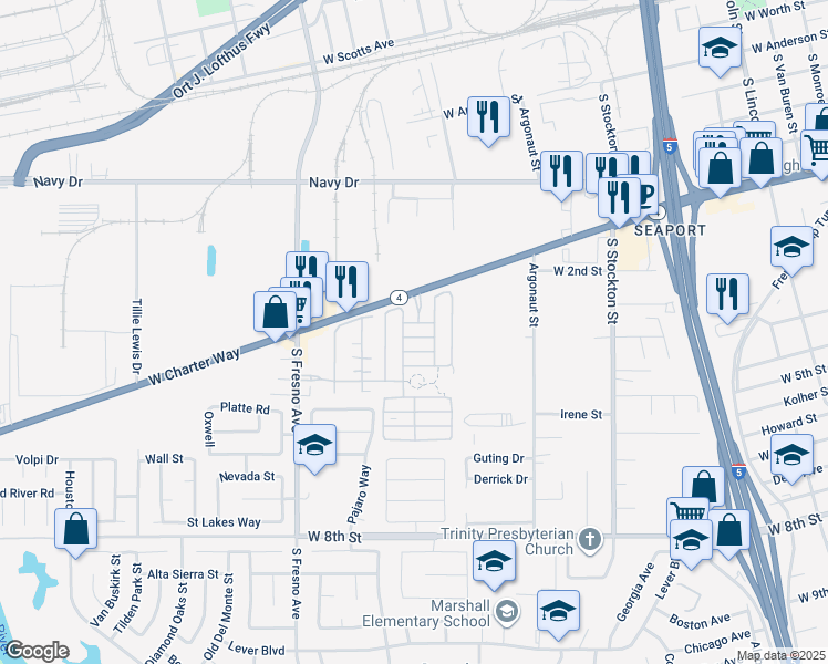 map of restaurants, bars, coffee shops, grocery stores, and more near 1608 Moss Garden Avenue in Stockton