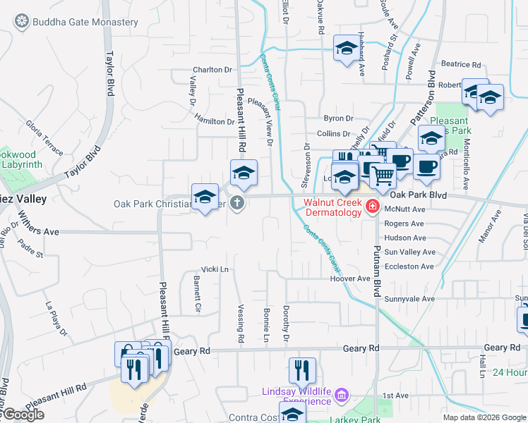 map of restaurants, bars, coffee shops, grocery stores, and more near 2033 Oak Park Boulevard in Pleasant Hill