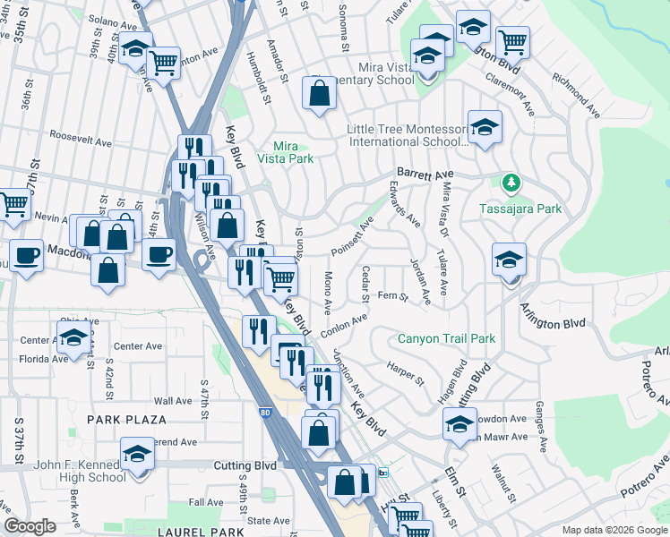 map of restaurants, bars, coffee shops, grocery stores, and more near 5408 Poinsett Avenue in El Cerrito