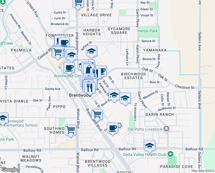 map of restaurants, bars, coffee shops, grocery stores, and more near 3rd Street in Brentwood