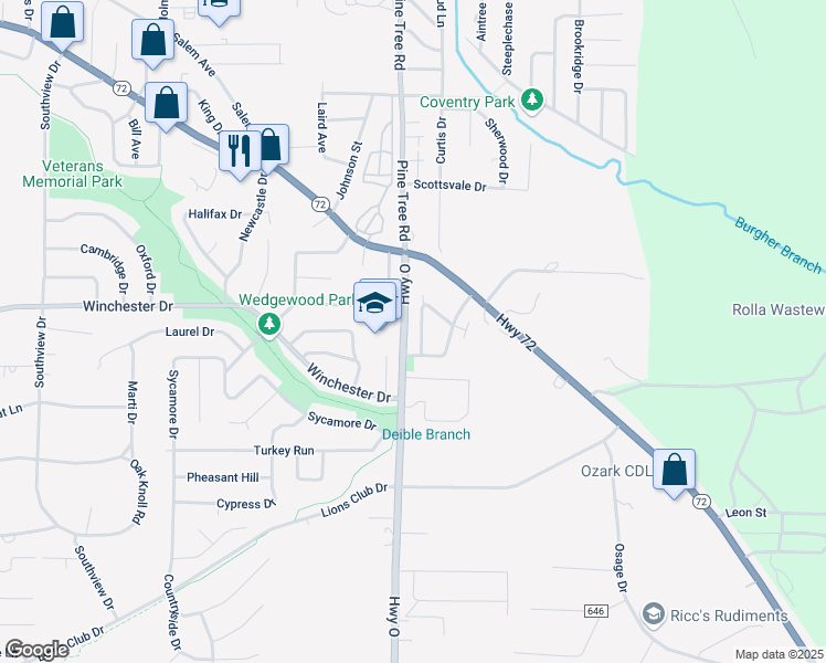 map of restaurants, bars, coffee shops, grocery stores, and more near 722 Republic Drive in Rolla