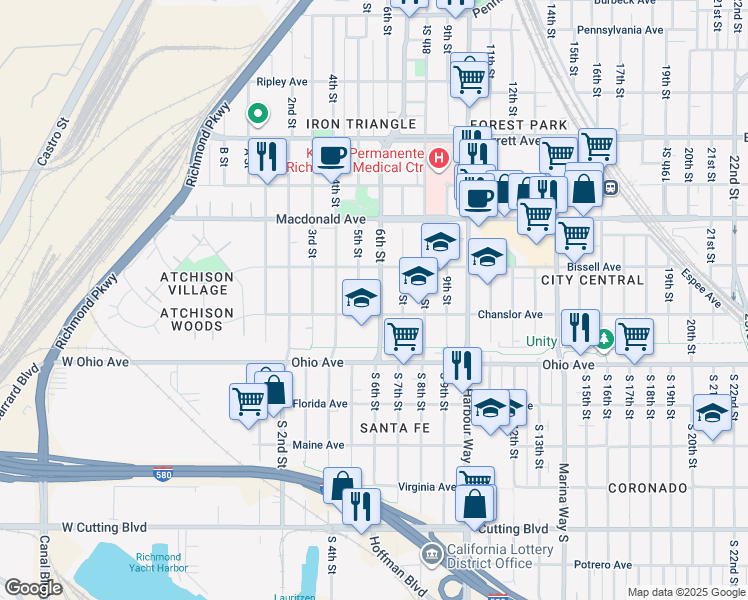 map of restaurants, bars, coffee shops, grocery stores, and more near 123 6th Street in Richmond