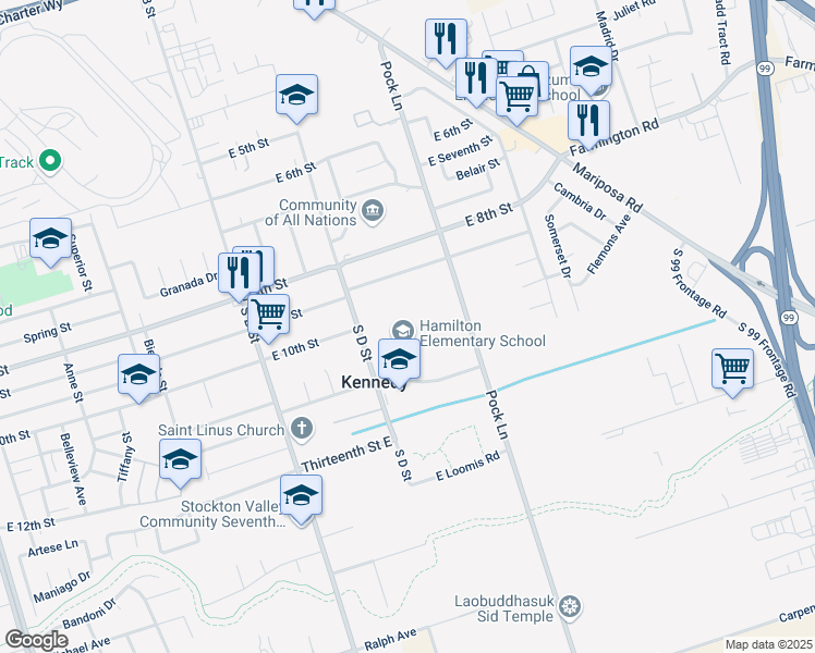 map of restaurants, bars, coffee shops, grocery stores, and more near 2245 East 11th Street in Stockton