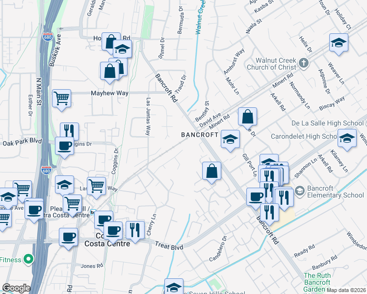 map of restaurants, bars, coffee shops, grocery stores, and more near 1166 Briarwood Way in Walnut Creek