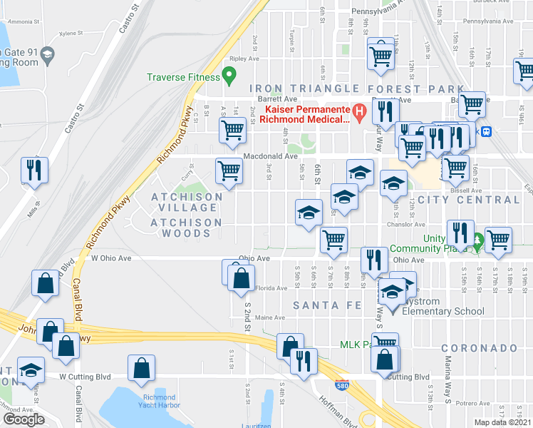 map of restaurants, bars, coffee shops, grocery stores, and more near 123 3rd Street in Richmond