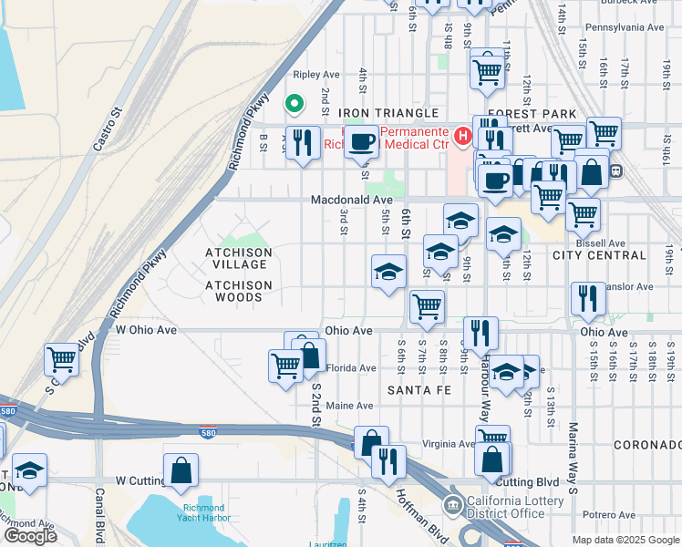 map of restaurants, bars, coffee shops, grocery stores, and more near 123 3rd Street in Richmond