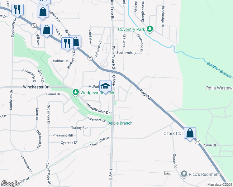 map of restaurants, bars, coffee shops, grocery stores, and more near 723 Republic Drive in Rolla