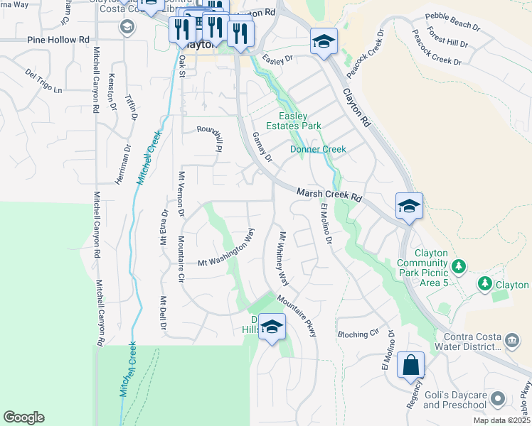 map of restaurants, bars, coffee shops, grocery stores, and more near 41 Mount Shasta Place in Clayton