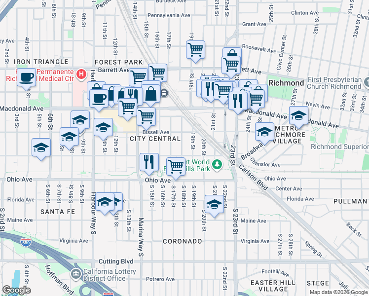 map of restaurants, bars, coffee shops, grocery stores, and more near 146 18th Street in Richmond