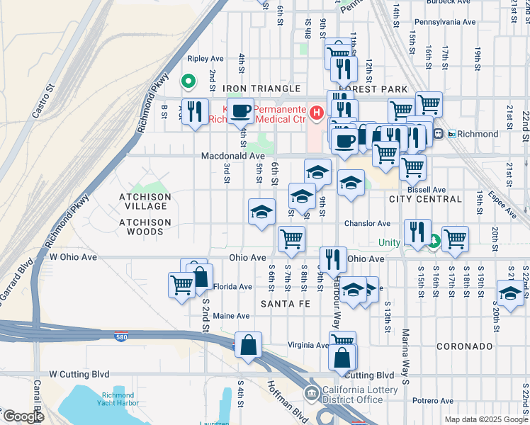 map of restaurants, bars, coffee shops, grocery stores, and more near 157 6th Street in Richmond