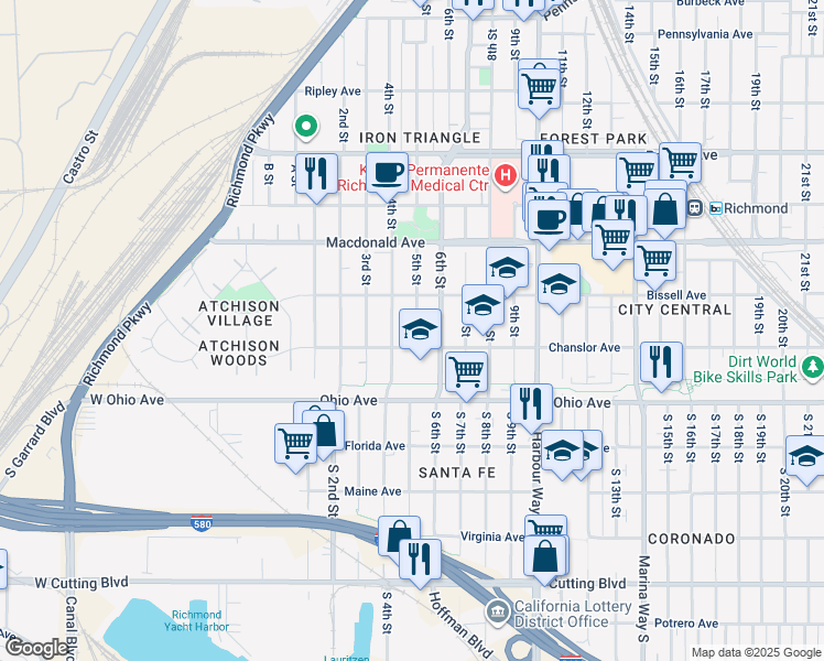 map of restaurants, bars, coffee shops, grocery stores, and more near 158 4th Street in Richmond