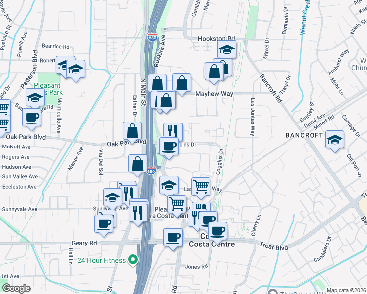 map of restaurants, bars, coffee shops, grocery stores, and more near 200 Coggins Drive in Pleasant Hill