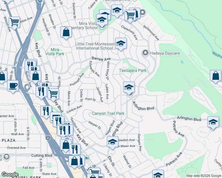 map of restaurants, bars, coffee shops, grocery stores, and more near 2412 Mira Vista Drive in El Cerrito