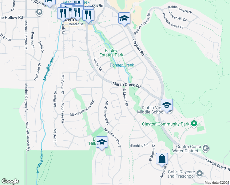 map of restaurants, bars, coffee shops, grocery stores, and more near 14 Mount Wilson Way in Clayton
