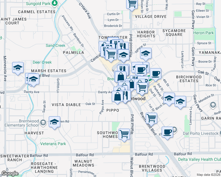 map of restaurants, bars, coffee shops, grocery stores, and more near 745 Dainty Avenue in Brentwood