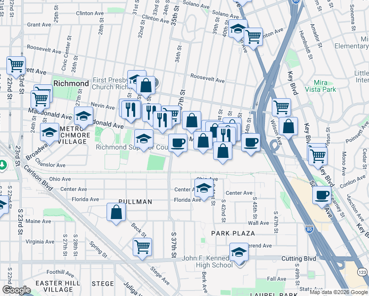 map of restaurants, bars, coffee shops, grocery stores, and more near 3700 Macdonald Avenue in Richmond