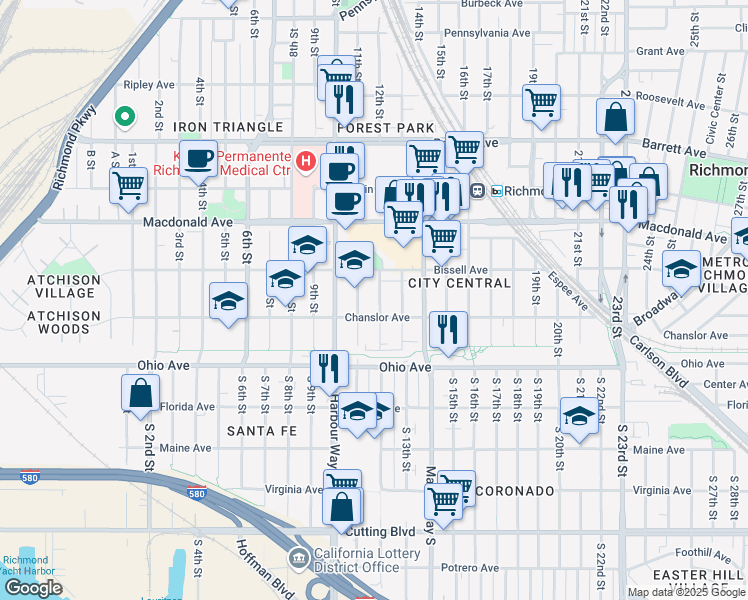 map of restaurants, bars, coffee shops, grocery stores, and more near 125 12th Street in Richmond