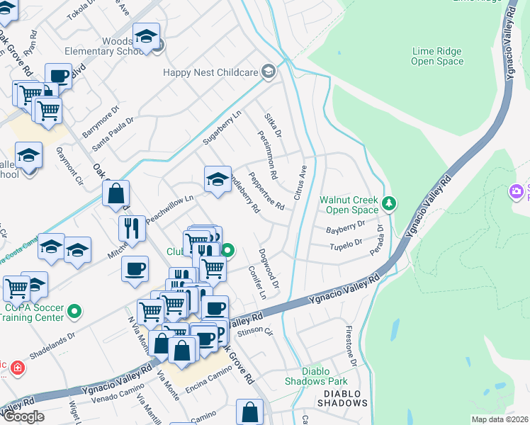 map of restaurants, bars, coffee shops, grocery stores, and more near 401 Peppertree Road in Walnut Creek