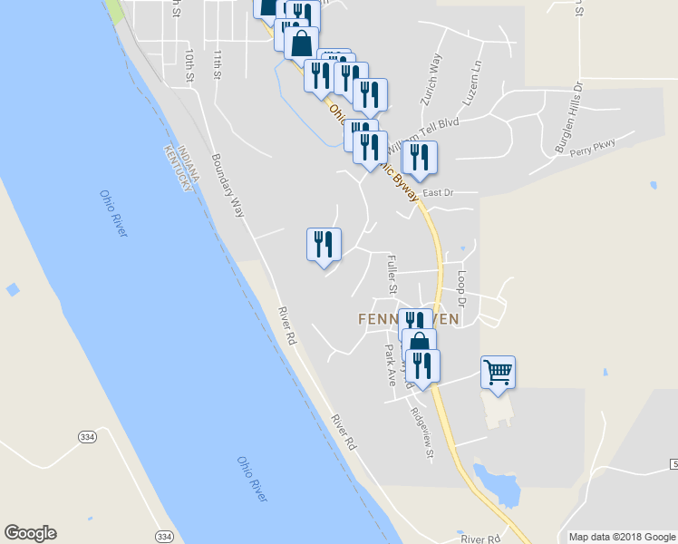 map of restaurants, bars, coffee shops, grocery stores, and more near 100 Orchard Hill Drive in Tell City