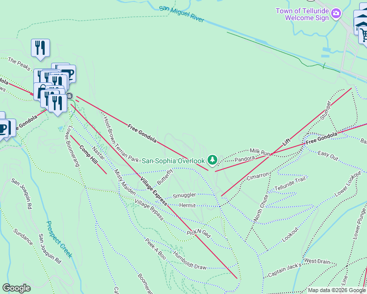 map of restaurants, bars, coffee shops, grocery stores, and more near Bridge Ln in Mountain Village