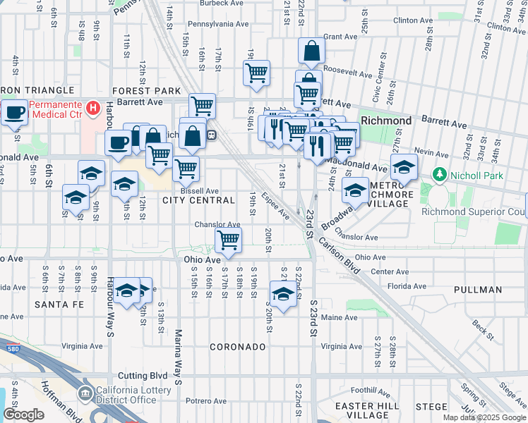 map of restaurants, bars, coffee shops, grocery stores, and more near 155 20th Street in Richmond