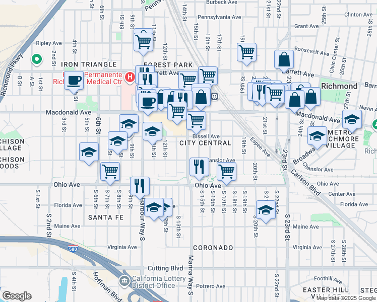 map of restaurants, bars, coffee shops, grocery stores, and more near 159 Marina Way in Richmond