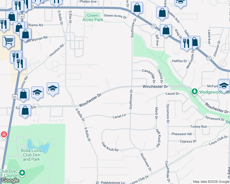 map of restaurants, bars, coffee shops, grocery stores, and more near 600 Winchester Drive in Rolla