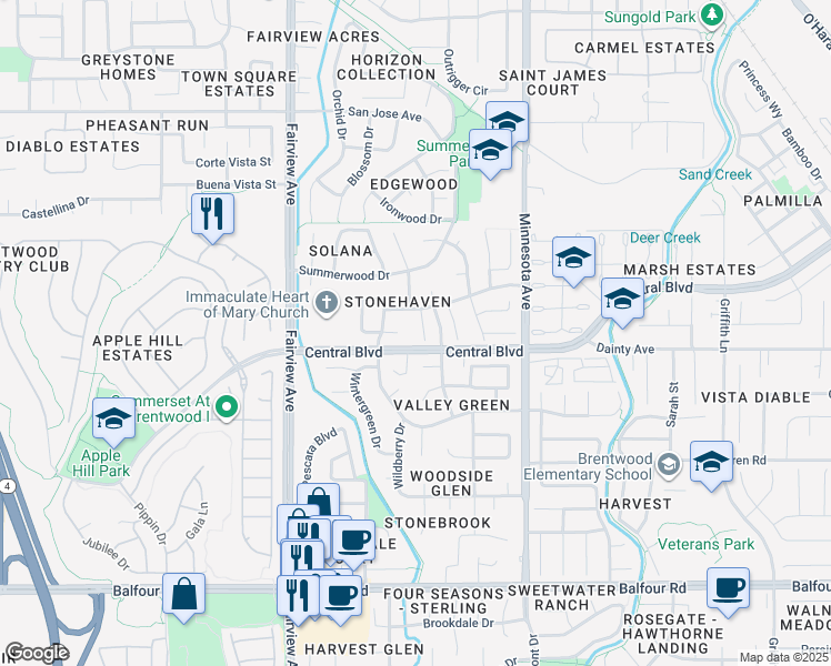 map of restaurants, bars, coffee shops, grocery stores, and more near 535 Brookwood Court in Brentwood