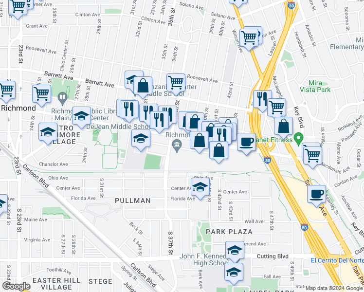 map of restaurants, bars, coffee shops, grocery stores, and more near 3803 Bissell Avenue in Richmond