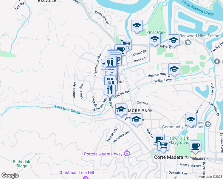 map of restaurants, bars, coffee shops, grocery stores, and more near in Larkspur