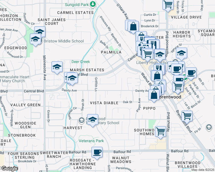map of restaurants, bars, coffee shops, grocery stores, and more near 566 Mandevilla Drive in Brentwood