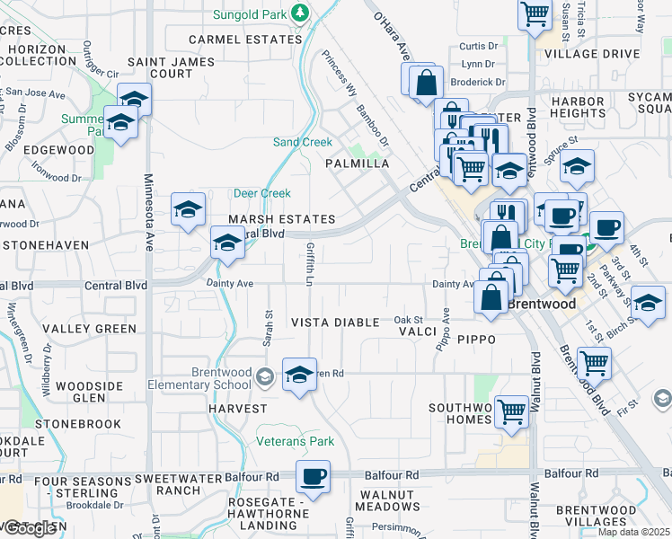 map of restaurants, bars, coffee shops, grocery stores, and more near 574 Mandevilla Drive in Brentwood