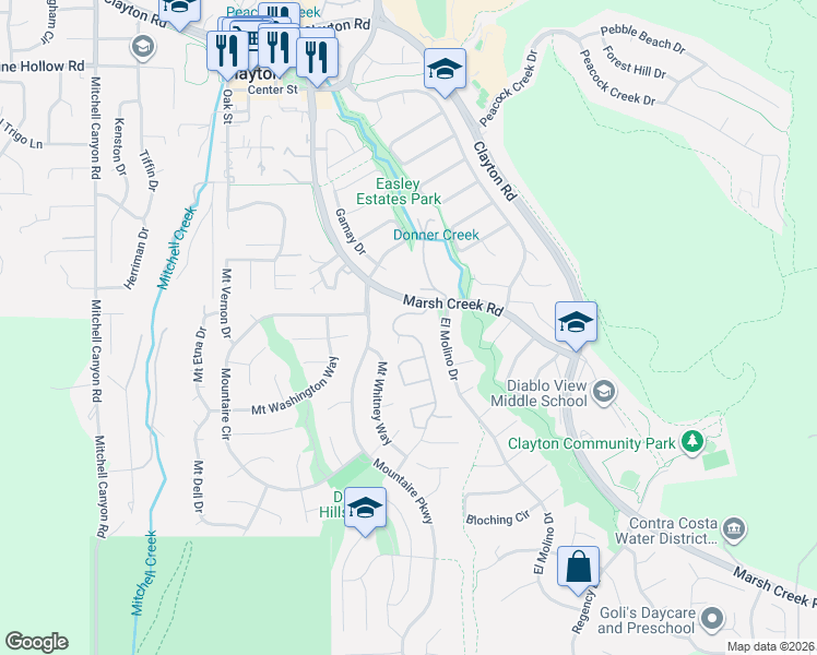 map of restaurants, bars, coffee shops, grocery stores, and more near 10 Mount Wilson Way in Clayton