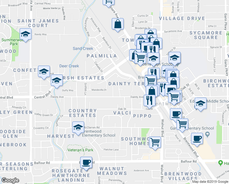 map of restaurants, bars, coffee shops, grocery stores, and more near 830 Nicholas Court in Brentwood