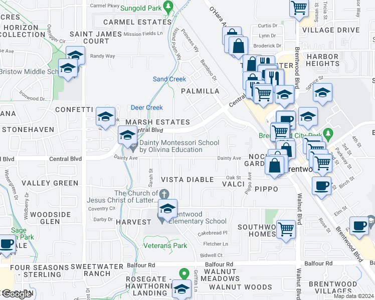 map of restaurants, bars, coffee shops, grocery stores, and more near 574 Mandevilla Drive in Brentwood