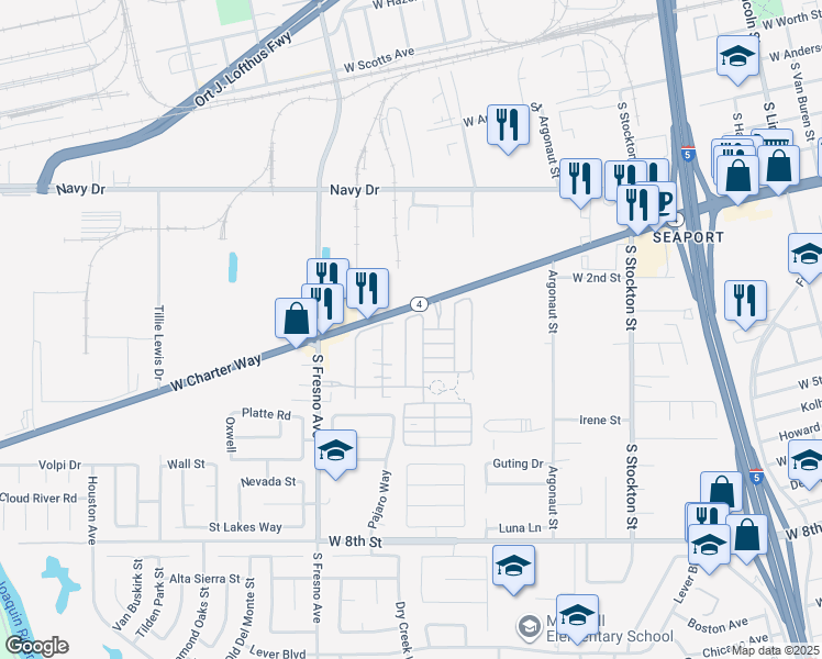 map of restaurants, bars, coffee shops, grocery stores, and more near 1608 Moss Garden Avenue in Stockton