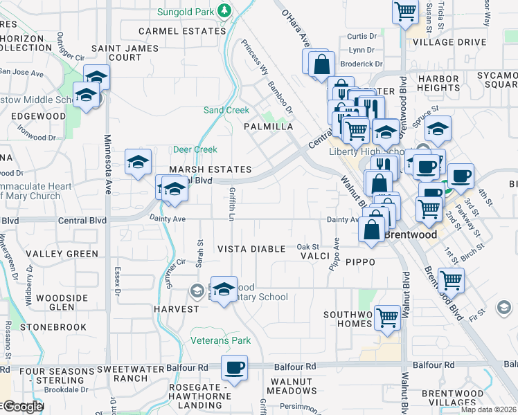 map of restaurants, bars, coffee shops, grocery stores, and more near 566 Mandevilla Drive in Brentwood