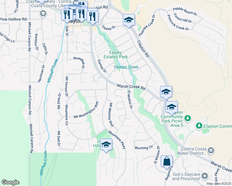 map of restaurants, bars, coffee shops, grocery stores, and more near 4 Mount Wilson Way in Clayton